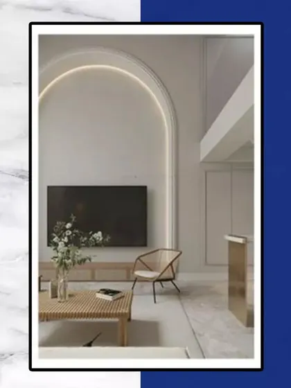This living room concept shows how we use minimalist design to create a sense of calm. The clean lines of the TV unit and the arched wall niche create a space that is both modern and serene.