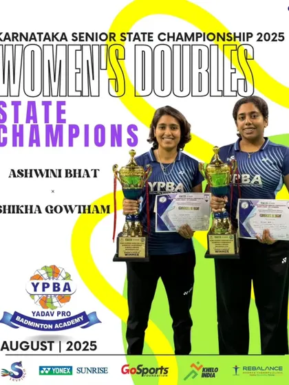Ashwini Bhat and Shikha Gowtham winning the Women's Doubles title at the Karnataka Senior State Championship 2025.
