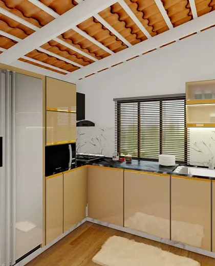 A modern kitchen design with glossy beige cabinets, a black countertop, and a marble backsplash. The layout is L-shaped for efficiency, with under-cabinet lighting for task areas.
