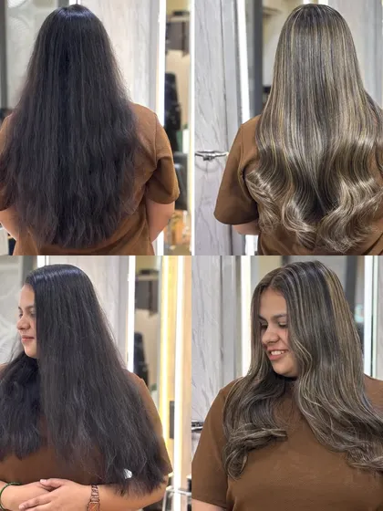 From dull to dreamy. This before and after shows a creamy beige transformation that gives off luxe, lived-in blonde vibes.