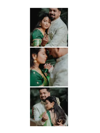 A vertical collage showing three intimate moments from an engagement shoot. This format tells a small story of their connection, from gentle touches to loving gazes.