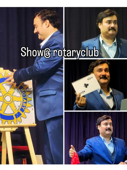 A collage from my show at the Rotary Club. It showcases different parts of my act, from a custom illusion with the Rotary wheel to classic card magic.