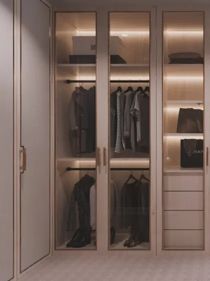 A visualization of the walk-in closet area, with integrated lighting showcasing the organized storage.