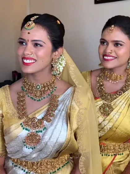 Draping for a Telugu bride and her sister. I created matching drapes that highlighted their similar features while allowing their individual styles to shine.