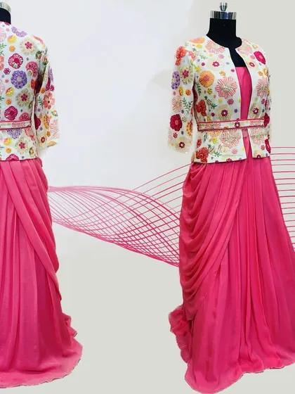 The full front and back view of the pink gown and embroidered jacket set.