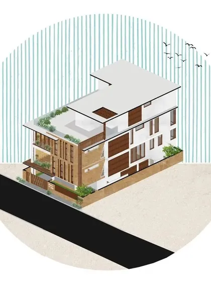 An isometric rendering of the Ekta Residence, illustrating the building's massing, rooftop terrace, and the relationship between the built form and its open spaces.