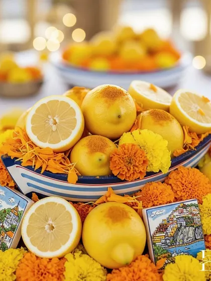 A close-up of the charming boat centerpiece, filled with lemons and marigolds, with bokeh lights in the background. This detail is whimsical and beautifully executed.