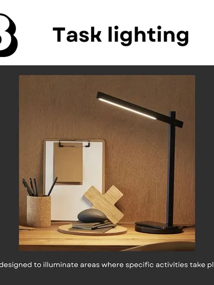 Task lighting is focused light designed for specific activities like reading, cooking, or working. Examples include desk lamps, under-cabinet lights, and vanity lights.