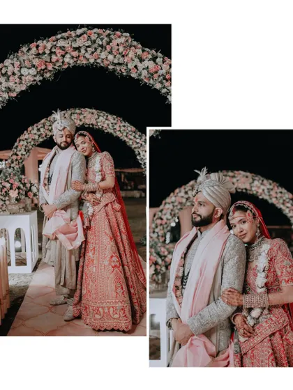 A classic portrait of the couple after their ceremony, standing under the floral arch, a timeless memory of their wedding day.