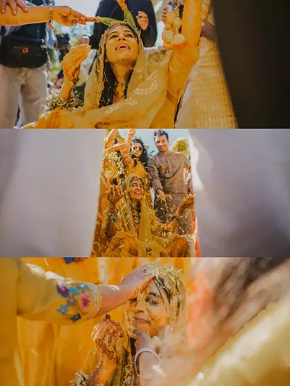 A collage of the bride's Haldi ceremony, capturing her joyful expressions as she is covered in floral petals and turmeric.