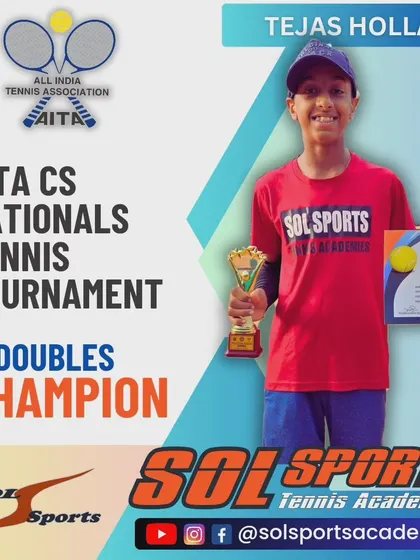 We celebrate Tejas Holla for winning the doubles title at the AITA CS Nationals Tennis Tournament. His effort and passion for the game are an inspiration.