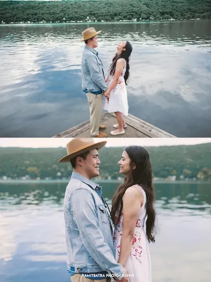 More intimate moments from the New York lakeside shoot, capturing the couple's gentle connection.
