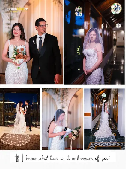 A beautifully designed album page from a Christian wedding, combining multiple photos to tell the story of the day.