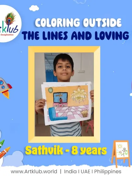 Sathvik, age 8, is coloring outside the lines and loving it with this well-drawn interior scene.