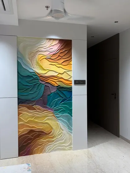 The wave mural viewed from the hallway, showing how it serves as a stunning piece of art that draws you into the space.