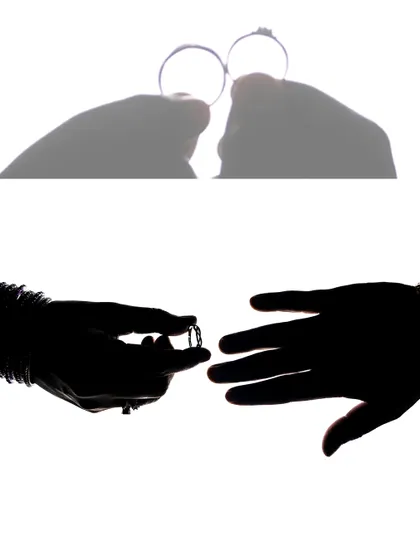 A collage of creative ring exchange silhouettes, telling a story of commitment.