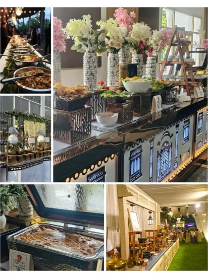 This collage captures the essence of our luxury wedding catering. It shows our elaborate buffet designs, fresh floral arrangements, and a variety of dishes, promising a complete and elegant dining experience.