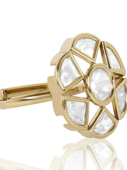 A shot of another complexly designed ring, showing the geometric arrangement of the stones.