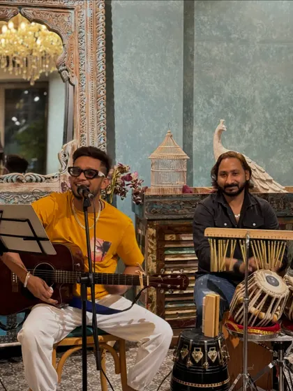 A lovely evening performing at Bombay Bungalow, JBR. This acoustic duo setup with tabla is ideal for restaurant gigs, providing a beautiful musical backdrop without overpowering conversations.