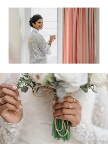 A collage showing the bride getting ready and a close-up of her hands holding the bouquet. The focus on her rings and the fresh flowers adds a layer of beauty and detail.