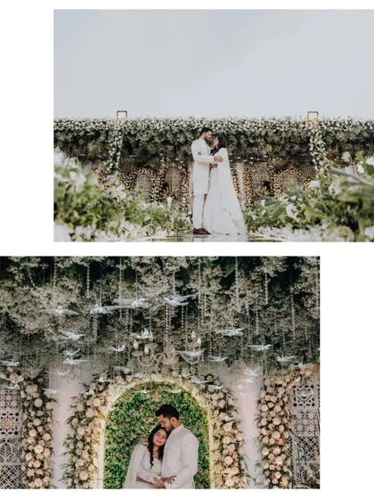 A collage showing the beautiful white floral decor and the couple's portraits at their elegant engagement party.