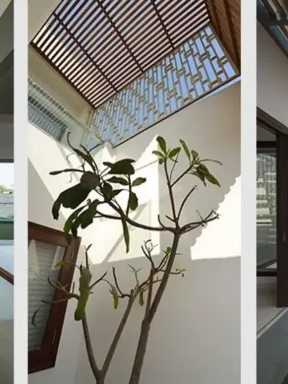 In the J House, I integrated skylights, louvers, and screens to maximize daylight while ensuring privacy. This collage shows how these elements create a play of light and shadow, enhancing connectivity and bringing nature into the house.