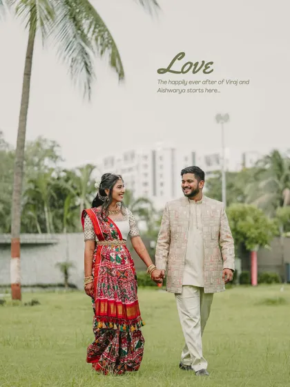 The happily ever after starts here. A lovely portrait of the couple walking hand-in-hand across a green lawn, smiling and ready for their future.