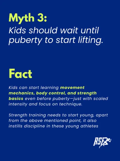Myth: Kids should wait until puberty to start lifting. Fact: Children can and should start learning movement mechanics and body control long before puberty. We focus on technique with scaled intensity.