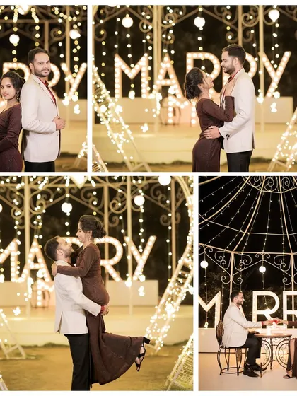 A fun and romantic collage from a "Marry Me" proposal setup, capturing all the joy from different angles, including a playful lift and a shared toast.