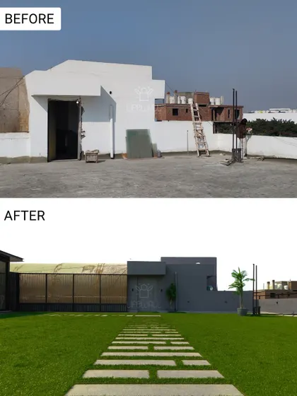 From a stark white structure to a lush green landscape. We extended the lawn, added a stepping stone path, and used bamboo screening to create a more natural and private environment.