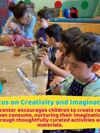 A group of children painting their clay creations. This multi-step process teaches patience and gives them a huge sense of accomplishment.
