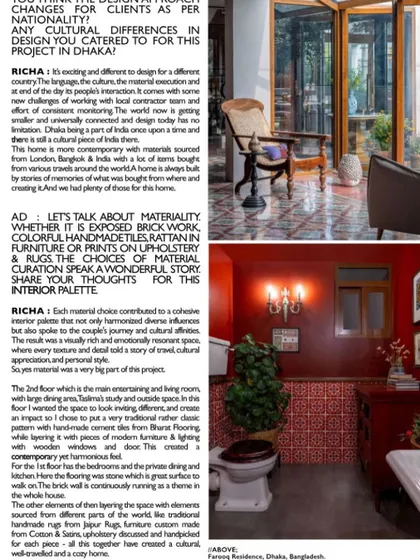 A feature in DE Magazine showing the bold red bathroom and a sunlit corner of the Dhaka home. The article discusses my approach to using materials like exposed brick, rattan, and colorful tiles to tell a story of travel and cultural fusion.