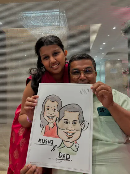 A heartwarming father-daughter caricature, drawn live at a family gathering. It's a wonderful memento of their special bond.