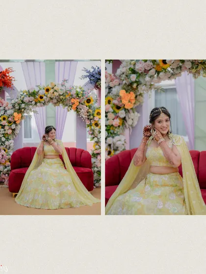 A diptych of the bride at her Haldi, posing with her floral hand jewelry.