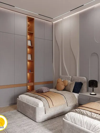A view of the custom wardrobe with an integrated, lit display shelf.