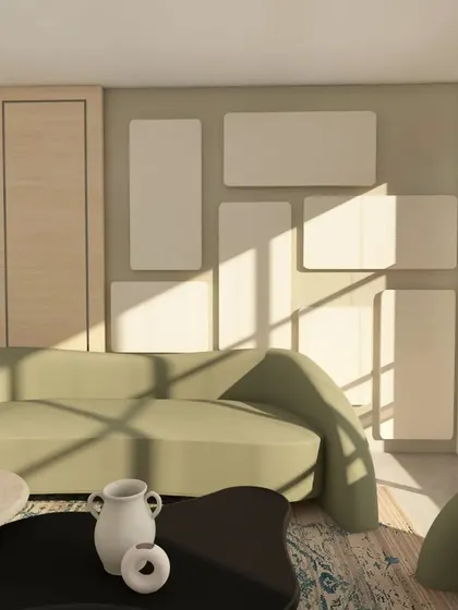 Another angle of the contemporary living room, showcasing the interplay of light and shadow on the furniture and wall decor.
