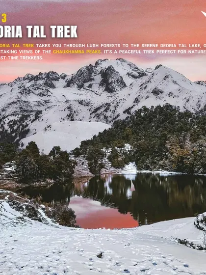 The serene Deoria Tal lake, a key highlight of our Chopta trek. This natural lake, surrounded by lush forests, offers breathtaking views of the Chaukhamba peaks.