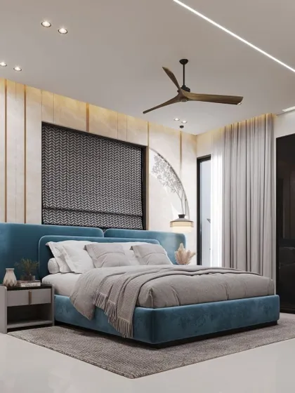 Another angle of the blue-themed rendered bedroom, focusing on the bed and the feature wall with a patterned blind.