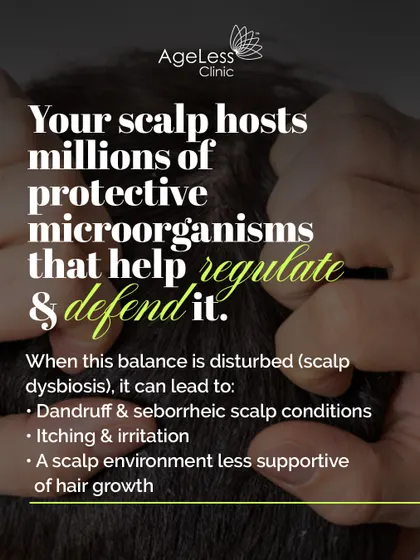 Your scalp has its own protective ecosystem of microorganisms. When this balance is disturbed by factors like humidity or product buildup, it can lead to dandruff, itching, and an environment that hinders hair growth. My goal is to restore this delicate balance.