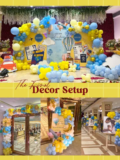 At Surprise Sutra, we don’t just do decor, we design stories! This image shows how we take a theme, like this travel-inspired baby welcome, and customize every single element to tell a unique story.