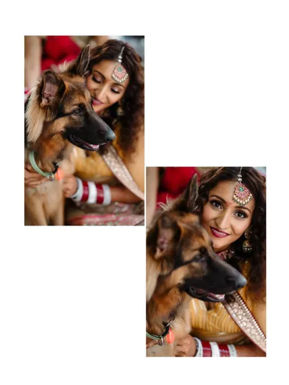 A heartwarming moment between the bride and her furry friend. We understand that pets are family too, and we love capturing these special bonds.