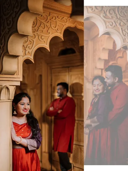 A creative shot with the bride-to-be peeking from behind a pillar, with her partner in the background, creating a sense of anticipation.