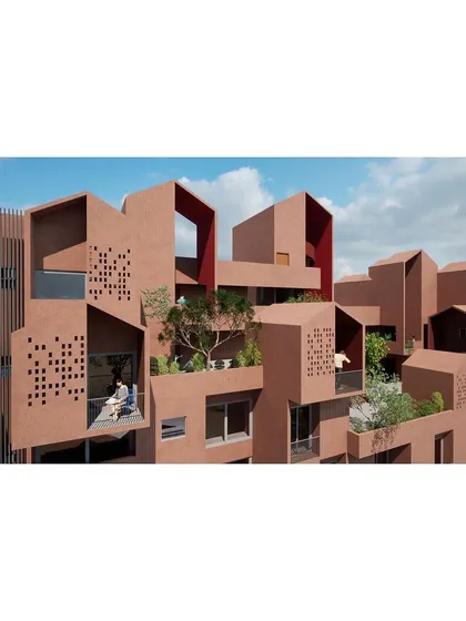 An angled perspective of the housing redevelopment, showcasing how individual units with distinct features like gabled roofs and perforated screens come together to form a cohesive, village-like community.