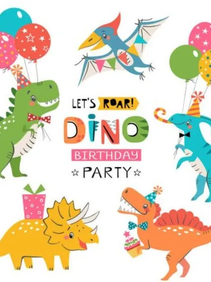 Let's roar! This graphic showcases the fun, cartoonish vibe of our dinosaur-themed birthday parties, an ever-popular choice for kids who love adventure.