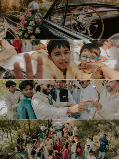 A collage showing the fun and chaos of the baraat at Oleander Farms, complete with a vintage car and excited family members.