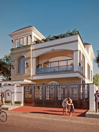 A 40x60 east-facing duplex that fuses Art Deco and Neoclassical design. The elevation features a prominent arch over the first-floor balcony and a stepped-back terrace, creating a unique silhouette that is both classic and modern.