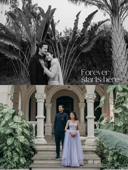A collage combining a wide shot of the couple at a heritage location with a more intimate black and white portrait. It showcases both the grandeur of the setting and the closeness of their bond.