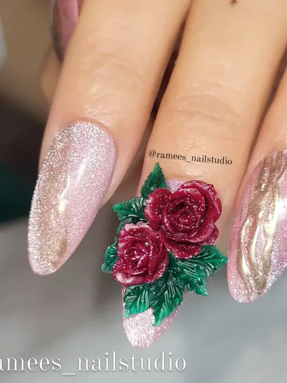 A close-up of the hand-sculpted roses on this press-on set. I take great care to ensure every detail is perfect, even on reusable nails.