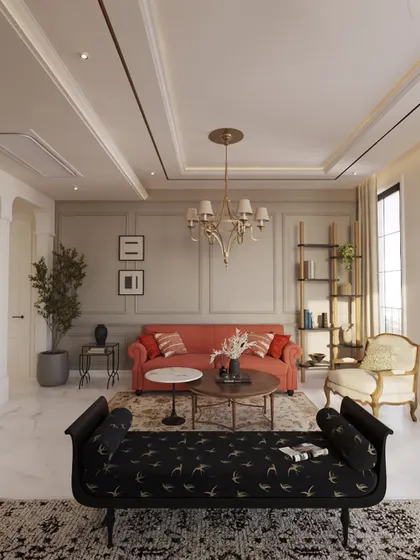 Here, we balanced classic and contemporary furniture to create a layered living room. A traditional chandelier and armchair are paired with a modern patterned bench and clean-lined sofa, demonstrating our approach to eclectic yet harmonious design.