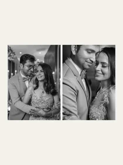 A diptych of romantic black and white portraits from an engagement. These intimate shots beautifully capture the couple's chemistry and affection.